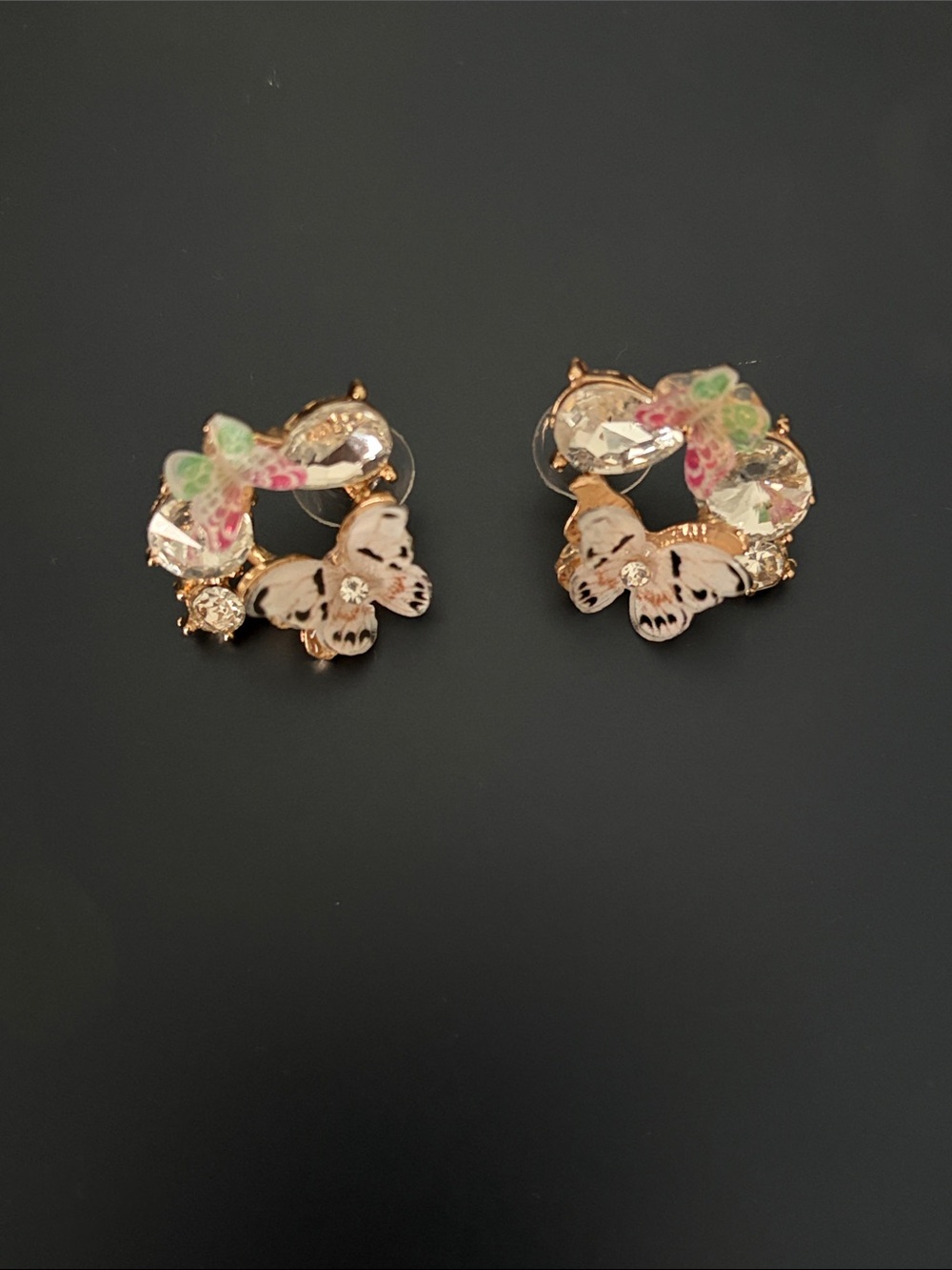 Delicate Butterfly Crystal Stud Earrings - Pink & White